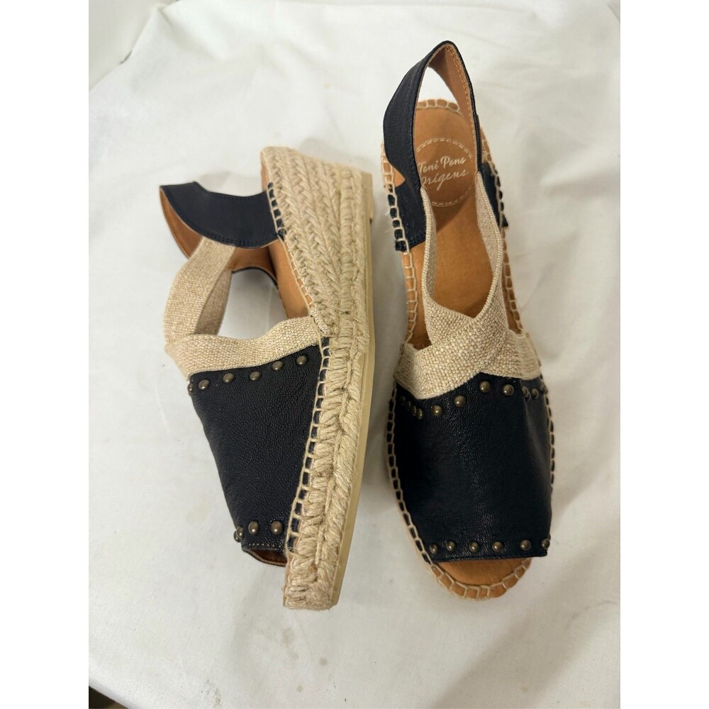 Toni Pons Origens Black Studded Espadrille Wedge Sandals Slingback sz 39 US 8